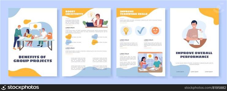 Group projects flat vector brochure template. Booklet, leaflet printable flat color designs. Editable magazine page, reports kit with text space. Sigmar One, Balsamiq Sans, Comfortaa fonts used. Group projects flat vector brochure template