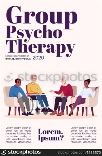 Group psychotherapy magazine cover template. Psychology consultation. Talk therapy. Journal mockup design. Vector page layout with flat character. Advertising cartoon illustration with text space