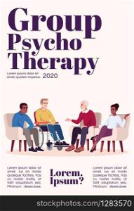 Group psychotherapy magazine cover template. Psychology consultation. Talk therapy. Journal mockup design. Vector page layout with flat character. Advertising cartoon illustration with text space
