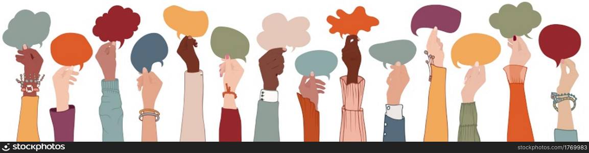 Group Raised arms multi-ethnic multicultural people holding speech bubble in hand.Diverse people talking chatting and sharing information on social.Diversity group people.Racial equality