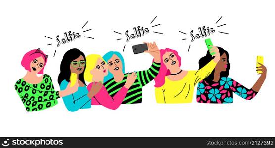 Group selfie. Cartoon characters meet for social event, young happy women celebrating party, vector illustration selfies of female group isolated on white background. Group selfie on white background
