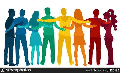 Group silhouette diverse people embracing.Back view.Cooperation and help between multi-ethnic people.Care and assistance.Concept of solidarity friendship and charity.Community.Teamwork