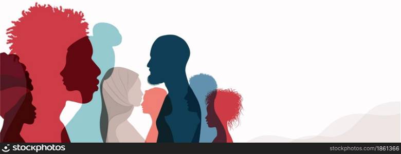 Group silhouette profile of men and women of diverse culture. Diversity multicultural people. Racial equality and anti-racism. Multiethnic society. Friendship.Community. Banner copy space