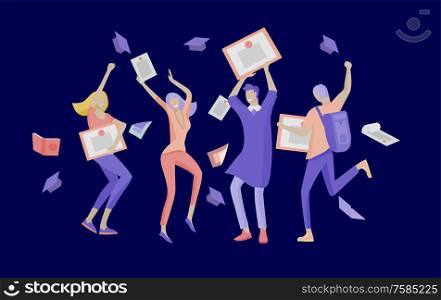 Group smiling graduates people in graduation gowns holding diplomas and happy Jumping. Vector illustration concept graduation ceremony cartoon style. Group smiling graduates people in graduation gowns holding diplomas and happy Jumping. Vector illustration concept graduation ceremony cartoon