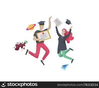 Group smiling graduates people in graduation gowns holding diplomas and happy Jumping. Vector illustration concept graduation ceremony cartoon style. Group smiling graduates people in graduation gowns holding diplomas and happy Jumping. Vector illustration concept graduation ceremony cartoon