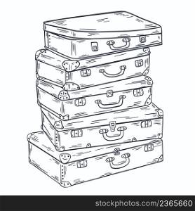 Group suitcases stacked on top of each other sketch. Luggage hand engraved. Old vintage bags for carrying things vector black outline illustration. Group suitcases stacked on top of each other sketch