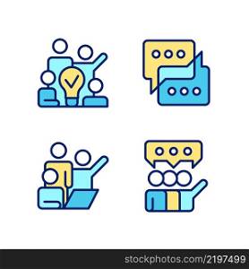 Group tasks pixel perfect RGB color icons set. Sharing opinions. Communication for collaborative process. Isolated vector illustrations. Simple filled line drawings collection. Editable stroke. Group tasks pixel perfect RGB color icons set