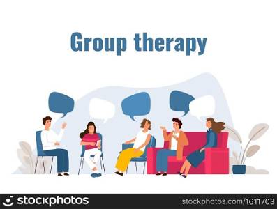 Group therapy. Addiction treatment session. Cartoon people with speech bubbles. Collective psychotherapy for mental health. Psychologist or psychoanalyst consultation. Vector concept with lettering. Group therapy. Addiction treatment session. Cartoon people with speech bubbles. Collective psychotherapy. Psychologist or psychoanalyst consultations. Vector concept with lettering