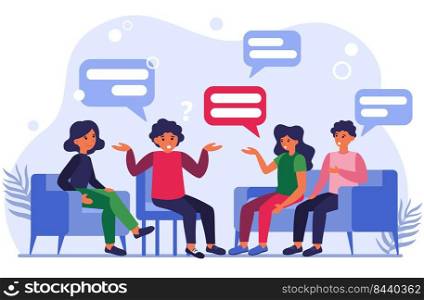 Group therapy flat vector illustration. Men and women in psychologist session talking about problems. Medical support and addiction and psychotherapy concept