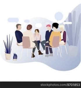 Group therapy for addiction people, support meeting psychology. Illustration group conversation psychotherapy, therapy session vector, psychological probelem in circle support. Group therapy for addiction people support meeting