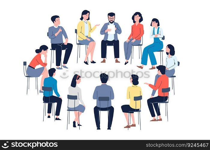 Group therapy in circle. Psychology meeting club, people listening and conversation. Help support groups, patient community psychotherapy vector concept of therapy by psychotherapist illustration. Group therapy in circle. Psychology meeting club, people listening and conversation. Help support groups, patient community psychotherapy recent vector concept