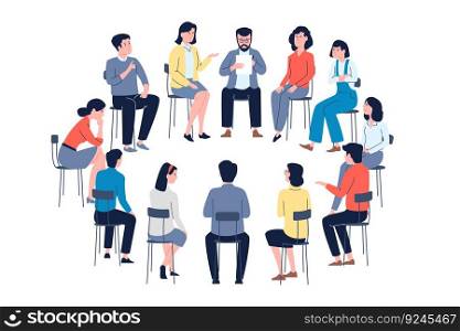 Group therapy in circle. Psychology meeting club, people listening and conversation. Help support groups, patient community psychotherapy vector concept of therapy by psychotherapist illustration. Group therapy in circle. Psychology meeting club, people listening and conversation. Help support groups, patient community psychotherapy recent vector concept