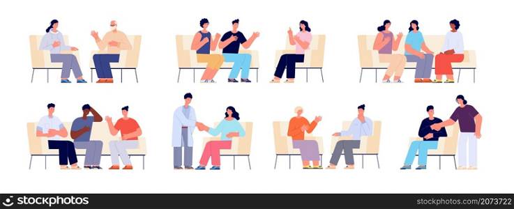 Group therapy. People sitting chairs, person on sofa or couch talk with consultant. Adults talking, psychologist psychology support vector set. Psychologist meeting, psychological talking illustration. Group therapy. People sitting chairs, person on sofa or couch talk with consultant. Adults talking, psychologist and psychology support utter vector set