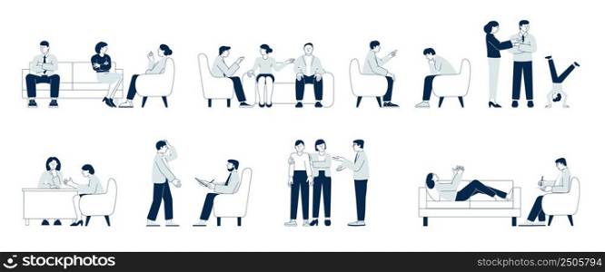 Group therapy. Psychologist and person on sofa, people on psychotherapist. Family psychotherapy, characters on support session recent vector set. Illustration of psychologist and therapy. Group therapy. Psychologist and person on sofa, people on psychotherapist. Family psychotherapy, characters on support session recent vector set