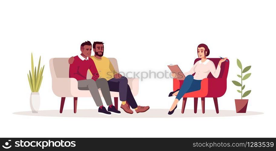 Group therapy session semi flat RGB color vector illustration. Sibling relationship issues. Same-sex marriage problems. Psychology consultation. Isolated cartoon character on white background