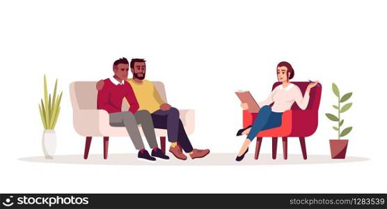 Group therapy session semi flat RGB color vector illustration. Sibling relationship issues. Same-sex marriage problems. Psychology consultation. Isolated cartoon character on white background
