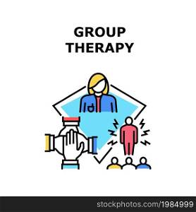 Group Therapy Vector Icon Concept. Counselor Therapist Coach Psychologist Speak At Group Therapy Session And Consultation. Psychoterapist Medicine Support And Team Work Color Illustration. Group Therapy Vector Concept Color Illustration