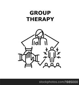 Group Therapy Vector Icon Concept. Counselor Therapist Coach Psychologist Speak At Group Therapy Session And Consultation. Psychoterapist Medicine Support And Team Work Black Illustration. Group Therapy Vector Concept Black Illustration