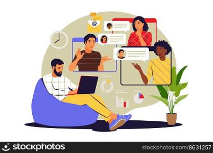 Group video concept. Collective virtual meeting or videoconference. Vector illustration. Flat.