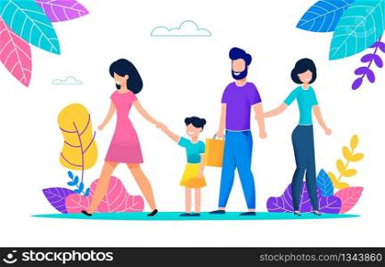 Group Young People Walking in Park on Summer Day. Smiling Man Holds in his Hand Paper Bag. Wife Holds Hand her Husband. Happy Mother Walks with her Daughter on Hot Summer Day in Fresh Air Among Plants