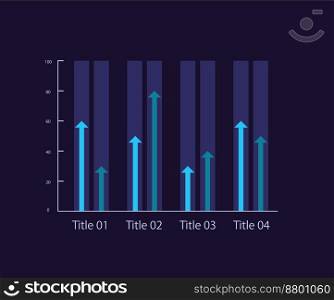 Grouped column infographic chart with arrows design template for dark theme. Four sections. Editable infochart with vertical bar graphs. Visual data presentation. Myriad Pro-Bold, Regular fonts used. Grouped column infographic chart with arrows design template for dark theme