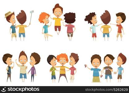 Groups Of Boys Cartoon Style Set. Groups of boys in colorful clothing with accessories during communication set in cartoon style isolated vector illustration