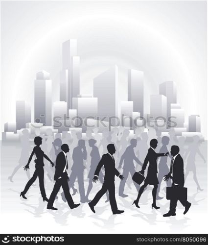 Groups of business people rushing in front of city skyline