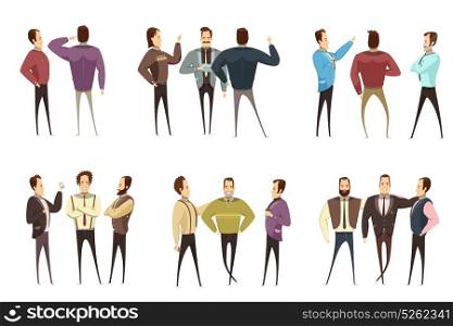 Groups Of Businessmen Cartoon Style Set. Set of groups of smiling businessmen in various clothing during conversation cartoon style isolated vector illustration