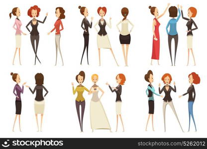 Groups Of Businesswomen Cartoon Style Set. Groups of smiling businesswomen in various clothing during communications set in cartoon style isolated vector illustration