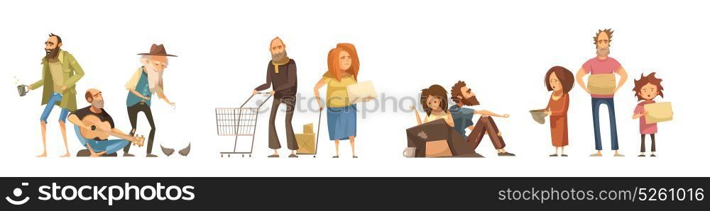 Groups Of Homeless people Set. Groups of homeless people set in cartoon style with singing men family couples kids isolated vector illustration
