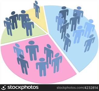 Groups of people as data statistics inside pieces of a pie chart