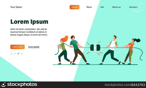 Groups of people pulling rope in tug of war play. Struggling team competing with each other. Vector illustration for game, contest, competition, confrontation concept