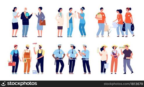 Groups of professionals. Essential workers, social service and volunteers. Isolated teachers doctors farmer repairman characters. Different professions vector illustration. Essential worker occupation. Groups of professionals. Essential workers, social service and volunteers. Isolated teachers doctors policemen farmers repairman characters. Different professions vector illustration
