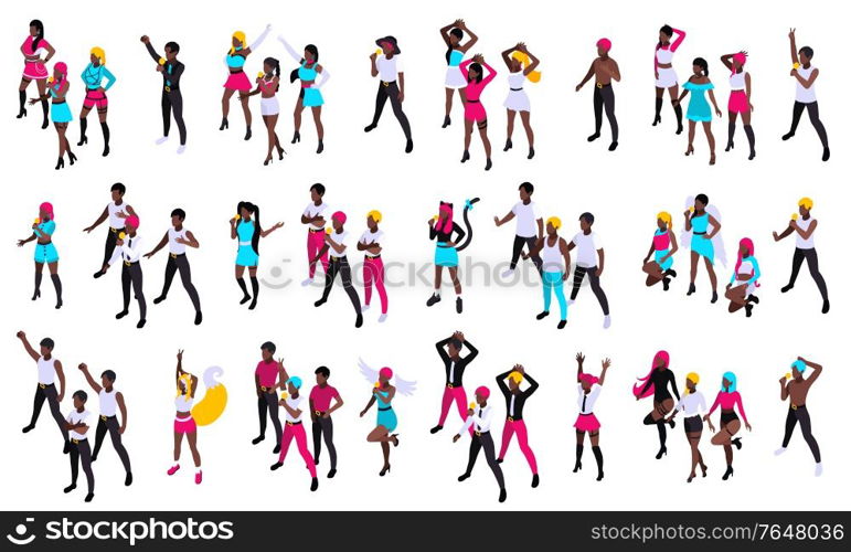 Groups of young people singing pop music and dancing with microphones isometric set isolated vector illustration