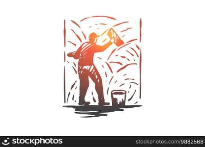 Grouting, cement, worker, wall, repair concept. Hand drawn repairman with tool and cement concept sketch. Isolated vector illustration.. Grouting, cement, worker, wall, repair concept. Hand drawn isolated vector.