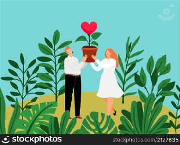 Grow love. Woman and man with heart in flowerpot with tropical monstera leaves, working relationship growth concept, lovely valentines growing vector illustration. Grow love. Woman and man with heart in flowerpot with tropical monstera leaves, working relationship growth concept, lovely valentines growing
