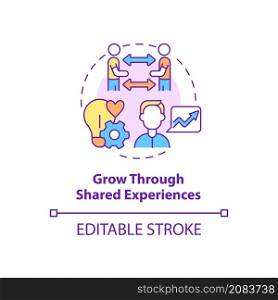 Grow through shared experiences concept icon. Support group pros abstract idea thin line illustration. Isolated outline drawing. Editable stroke. Roboto-Medium, Myriad Pro-Bold fonts used. Grow through shared experiences concept icon