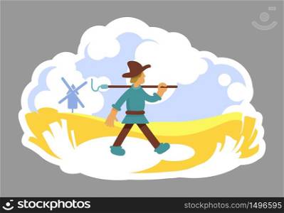 Grower 2D vector web banner, poster. Golden grain plantation. Windmill on horizon. Farmer with hoe flat character on cartoon background. Farmland printable patches, colorful web elements. Grower 2D vector web banner, poster