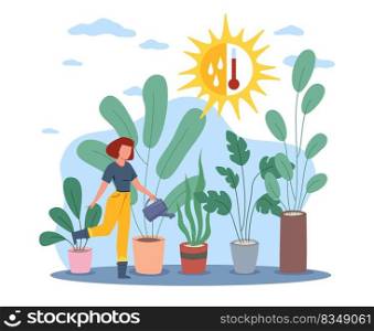 Growing caring plants, garden, humidity and temperature control. Woman watering houseplants. Happy young girl and house foliage in planters. People indoors hobby. Vector cartoon flat isolated concept. Growing caring plants, garden, humidity and temperature control. Woman watering houseplants. Happy young girl and house foliage. People indoors hobby. Vector cartoon flat isolated concept