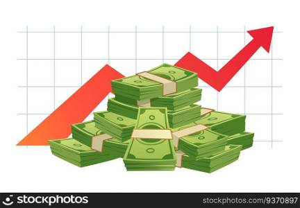 Growing cash graph. Pile of cash, money value red rising graph arrow and financial growth diagram. Finance wealth, success capital investment or budget increased isolated vector illustration. Growing cash graph. Pile of cash, money value red rising graph arrow and financial growth diagram vector illustration