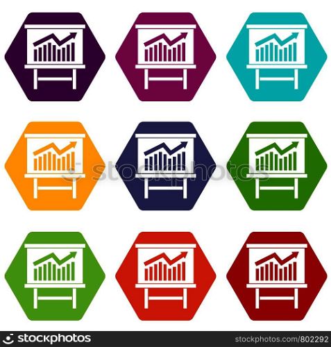 Growing chart on presentation board icon set many color hexahedron isolated on white vector illustration. Growing chart presentation icon set color hexahedron