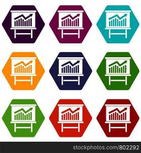 Growing chart on presentation board icon set many color hexahedron isolated on white vector illustration. Growing chart presentation icon set color hexahedron