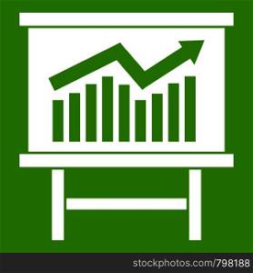 Growing chart on presentation board icon white isolated on green background. Vector illustration. Growing chart presentation icon green