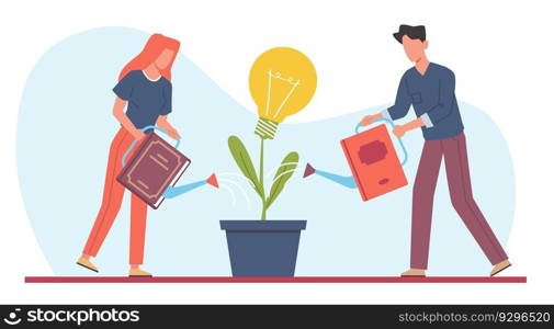 Growing creating idea, people water lightbulb with knowledge from books. Education for new project. Man and woman watering creative plant. Cartoon flat style isolated illustration. Vector concept. Growing creating idea, people water lightbulb with knowledge from books. Education for new project. Man and woman watering creative plant. Cartoon flat style isolated vector concept