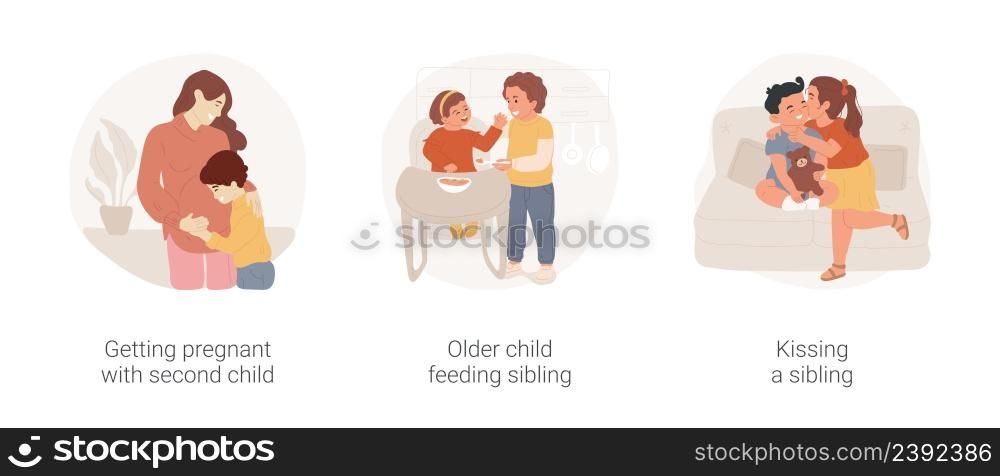 Growing family isolated cartoon vector illustration set. Woman pregnant with second child, happy motherhood, older kid feeding baby, kissing a sibling, show affection, family life vector cartoon.. Growing family isolated cartoon vector illustration set.