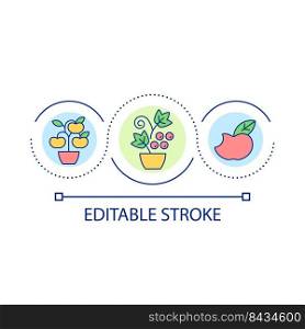 Growing fruits and berries loop concept icon. Farming and gardening. Edible landscaping. Garden abstract idea thin line illustration. Isolated outline drawing. Editable stroke. Arial font used. Growing fruits and berries loop concept icon