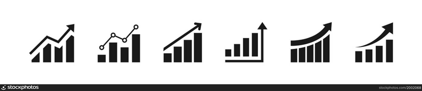 Growing graph icon set. Vector illustration. Set of growing bar graph. Business chart with arrow. Growths chart collection.