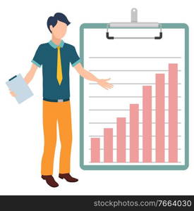 Growing graphics on clipboard and character vector, isolated man holding documentation concerning organization. Novice with paper and increasing chart. Confused Man with Document, Graphics on Board