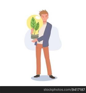 Growing Green Technology concept.Green energy. man holding Light Bulb with green leaf inside.