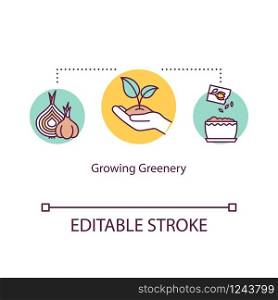 Growing greenery concept icon. Home orangery. Propagating. Planting seeds and flower bulbs. Indoor gardening idea thin line illustration. Vector isolated outline RGB color drawing. Editable stroke